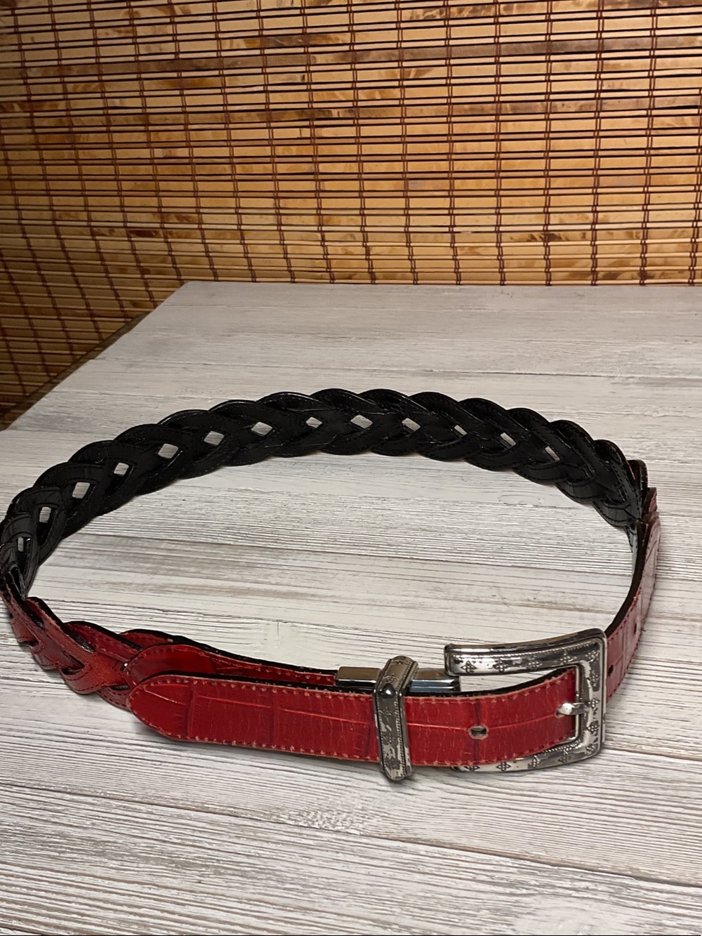 Brighton Women Leather 2-Sided Belt Red/Black M Silver Buckle Braided